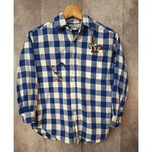 Vintage Looney Tunes Check Plaid Flannel Shirt Kids Sz M 2-4 Years LS Button Up
